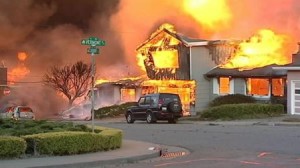 A home on fire after the deadly pipeline explosion in San Bruno in 2010 (photo by Brian Carmody courtesy abclocal.go.com).