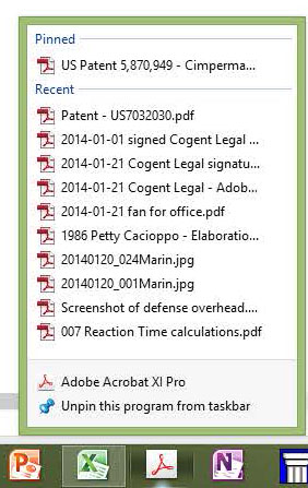 Pinned documents on the Adobe Acrobat Taskbar Icon