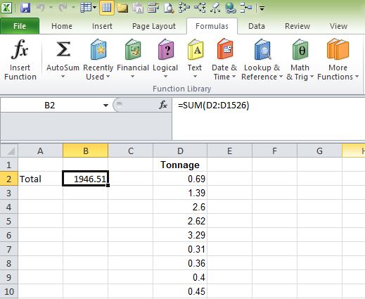 Excel formula bar with sum