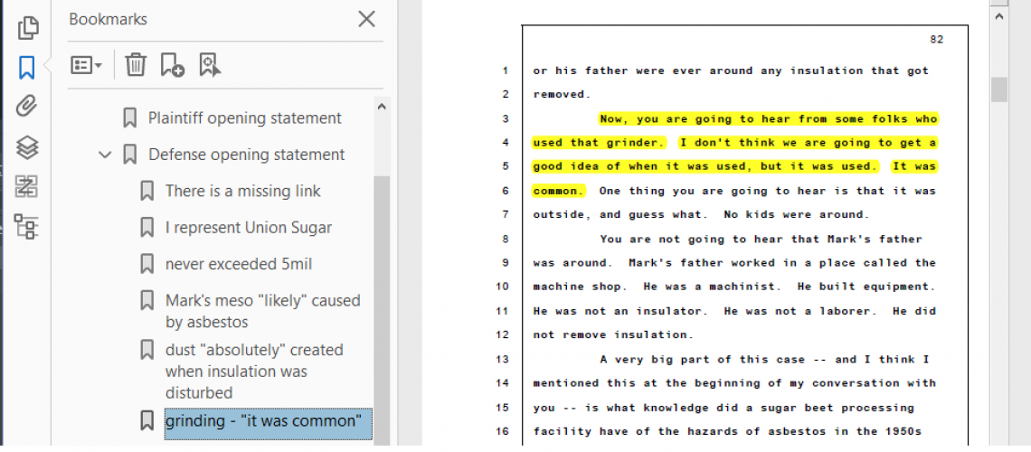 annotated trial transcript showing quote of grinding was common